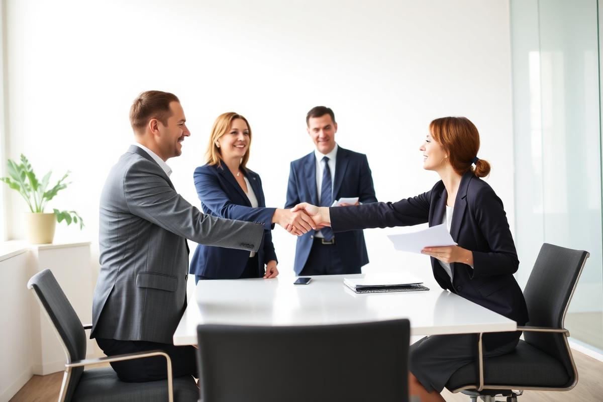 Mediator observing two parties reaching agreement in a commercial meeting room