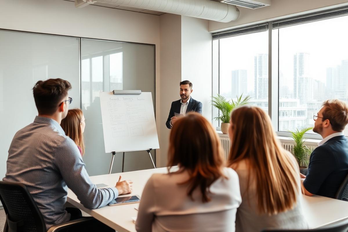 Trainer delivering an in-house conflict resolution workshop to a group of employees