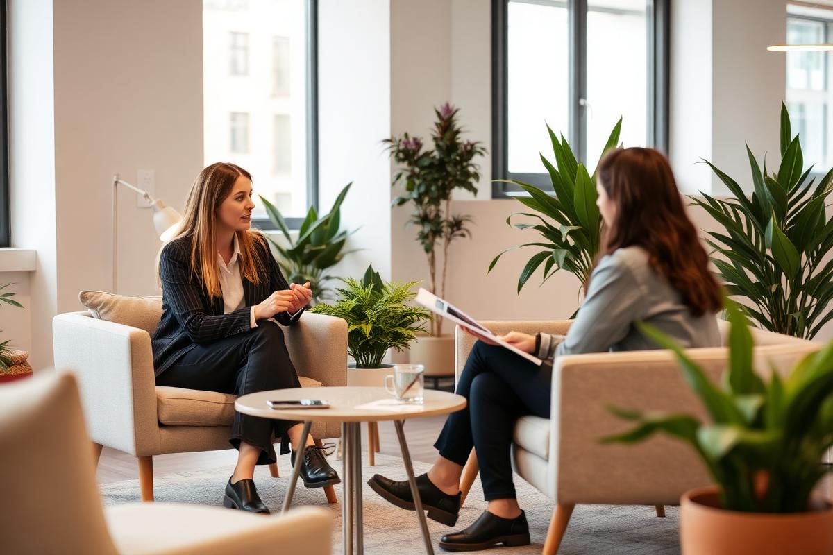 Workplace mediator facilitating a calm conversation between two colleagues